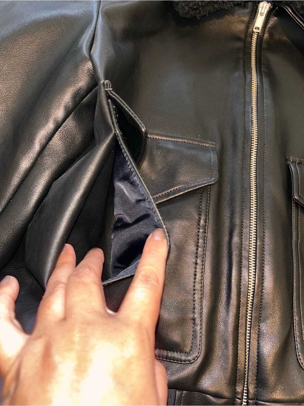 GAP Black Vegan Leather Flight Jacket with Shearling Collar - Picture 10 of 16